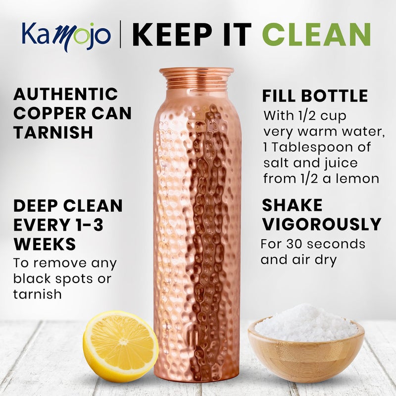Kamojo Copper Water Bottle for Drinking - Hammered Pure Copper Water Bottle with Push Button Lid  Removable Insulating Sleeve & Copper Straw - Handcrafted Water Bottle Copper Cup 32 fl oz - Image 3